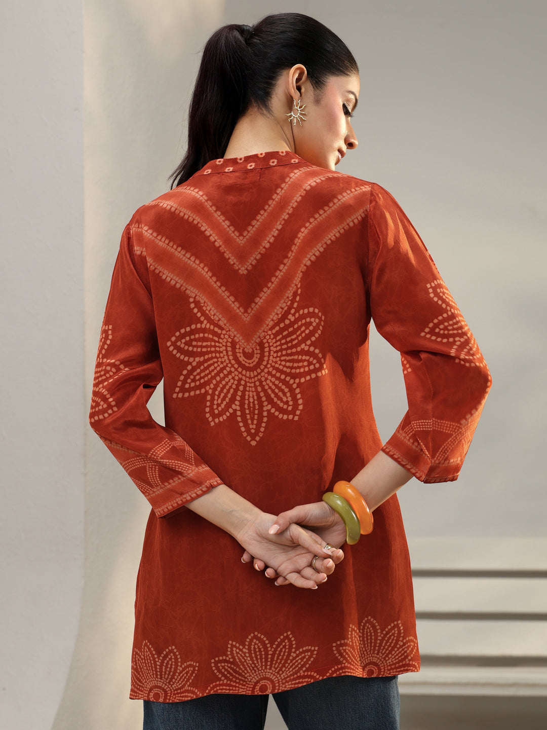  Orange Bandhani Printed Crepe Straight Short Kurti 