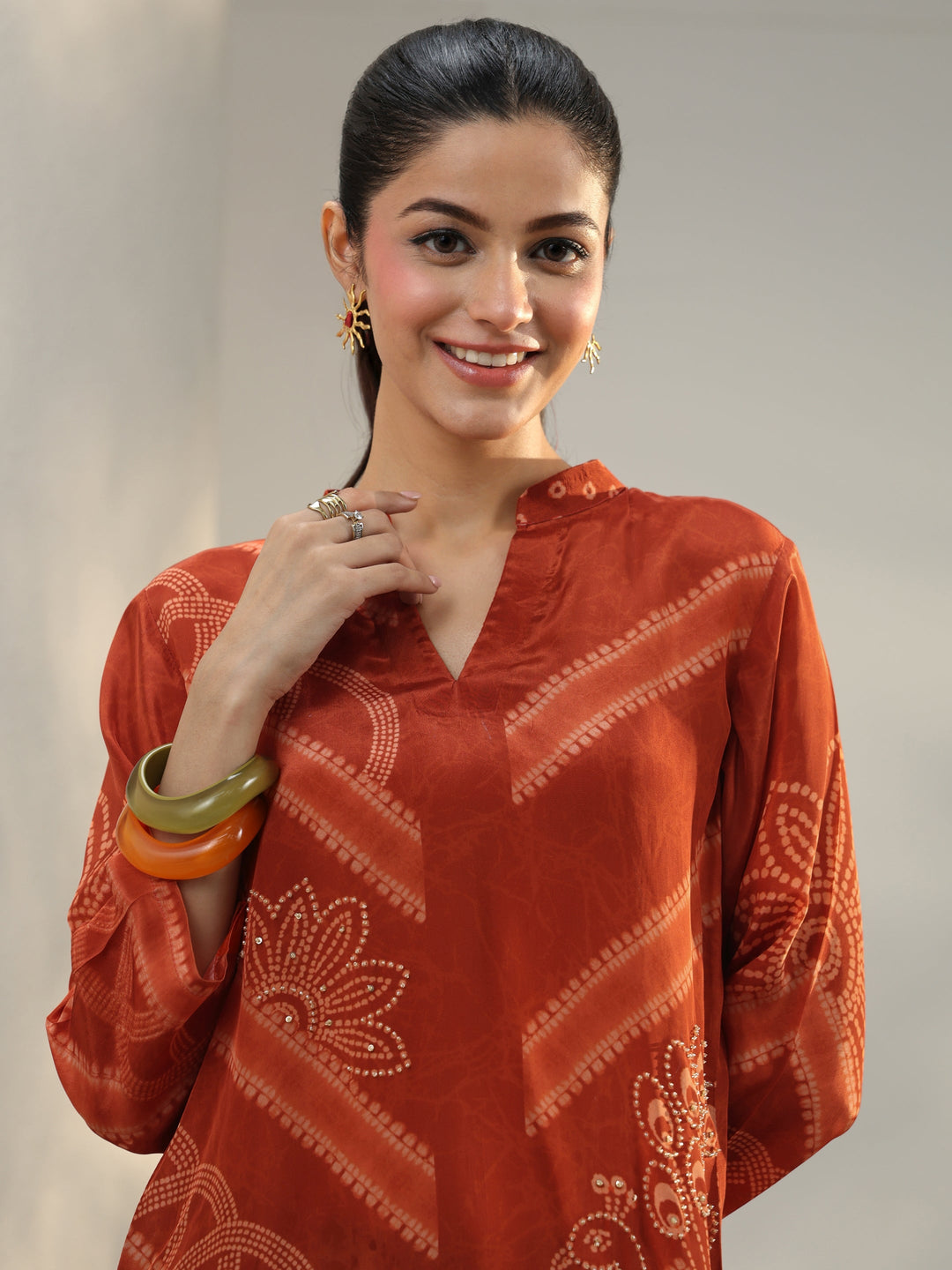  Orange Bandhani Printed Crepe Straight Short Kurti 