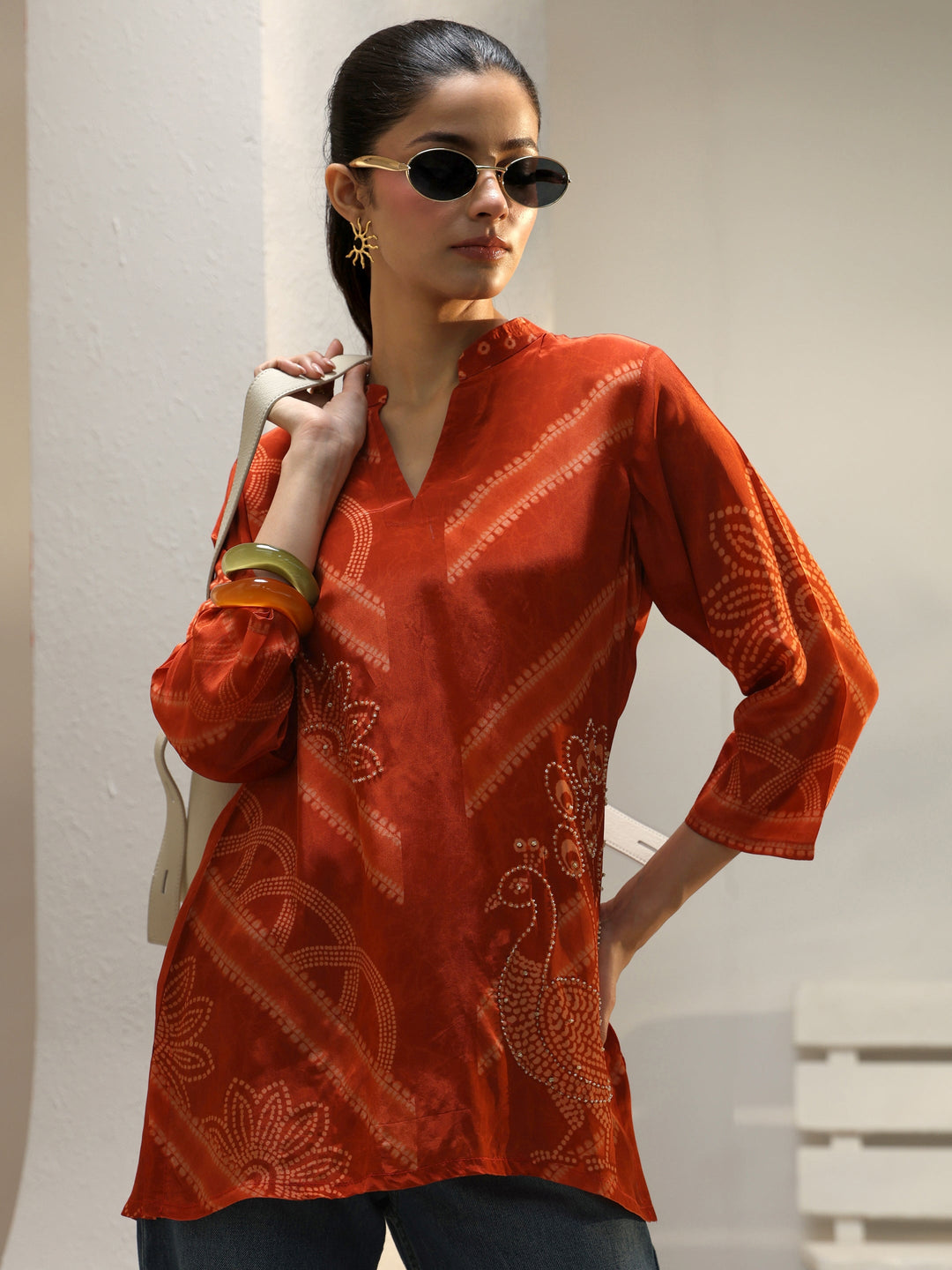  Orange Bandhani Printed Crepe Straight Short Kurti 