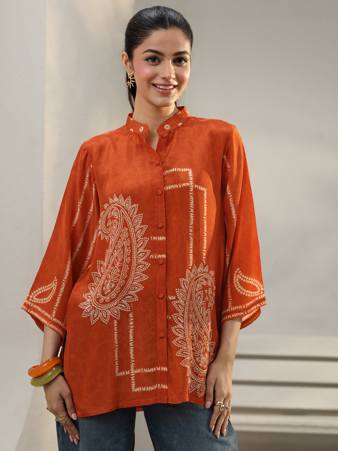  Orange Paisley Printed Crepe Shirt 