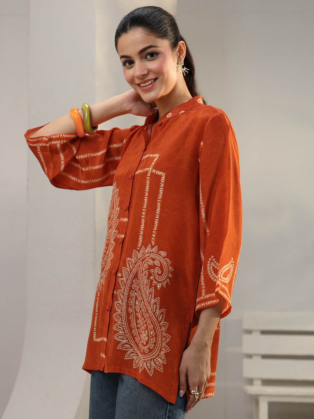  Orange Paisley Printed Crepe Shirt 