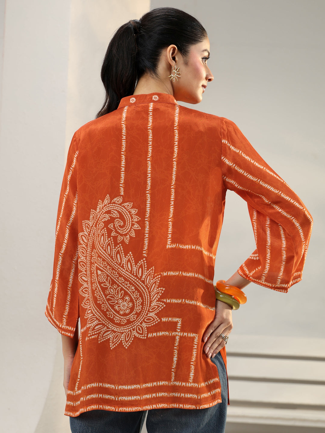  Orange Paisley Printed Crepe Shirt 