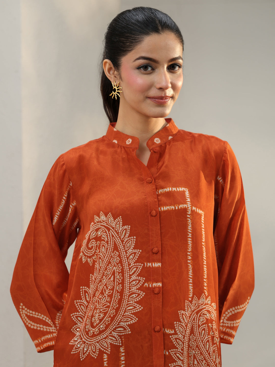  Orange Paisley Printed Crepe Shirt 
