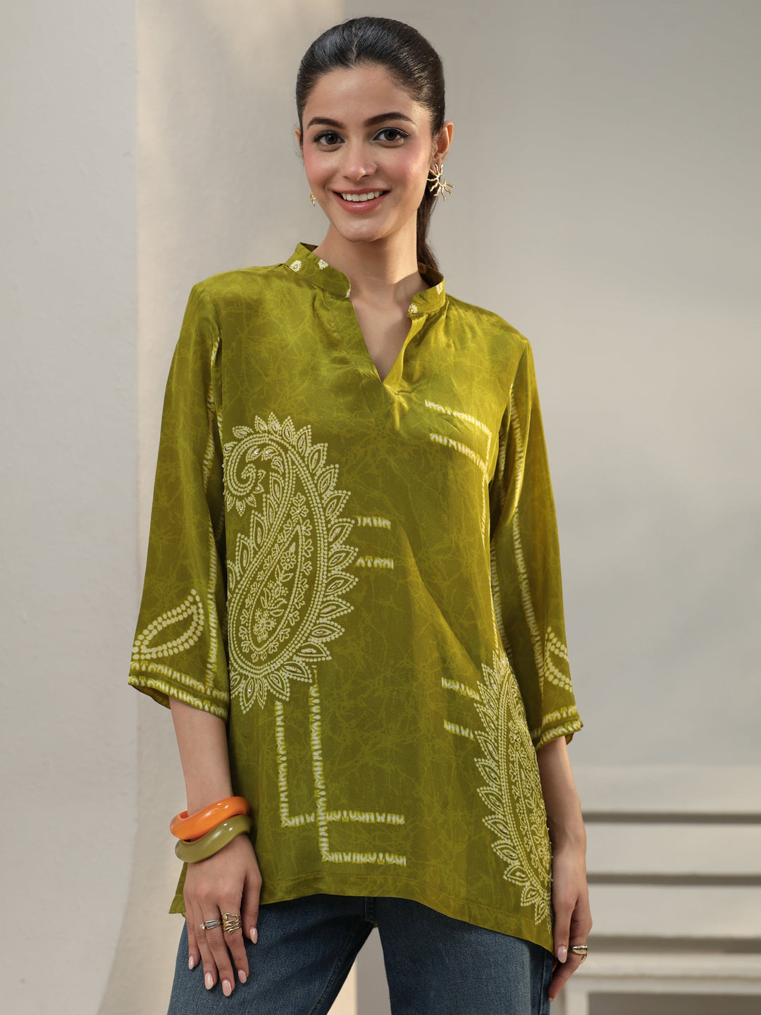  Green Paisley Printed Crepe Straight Short Kurti 