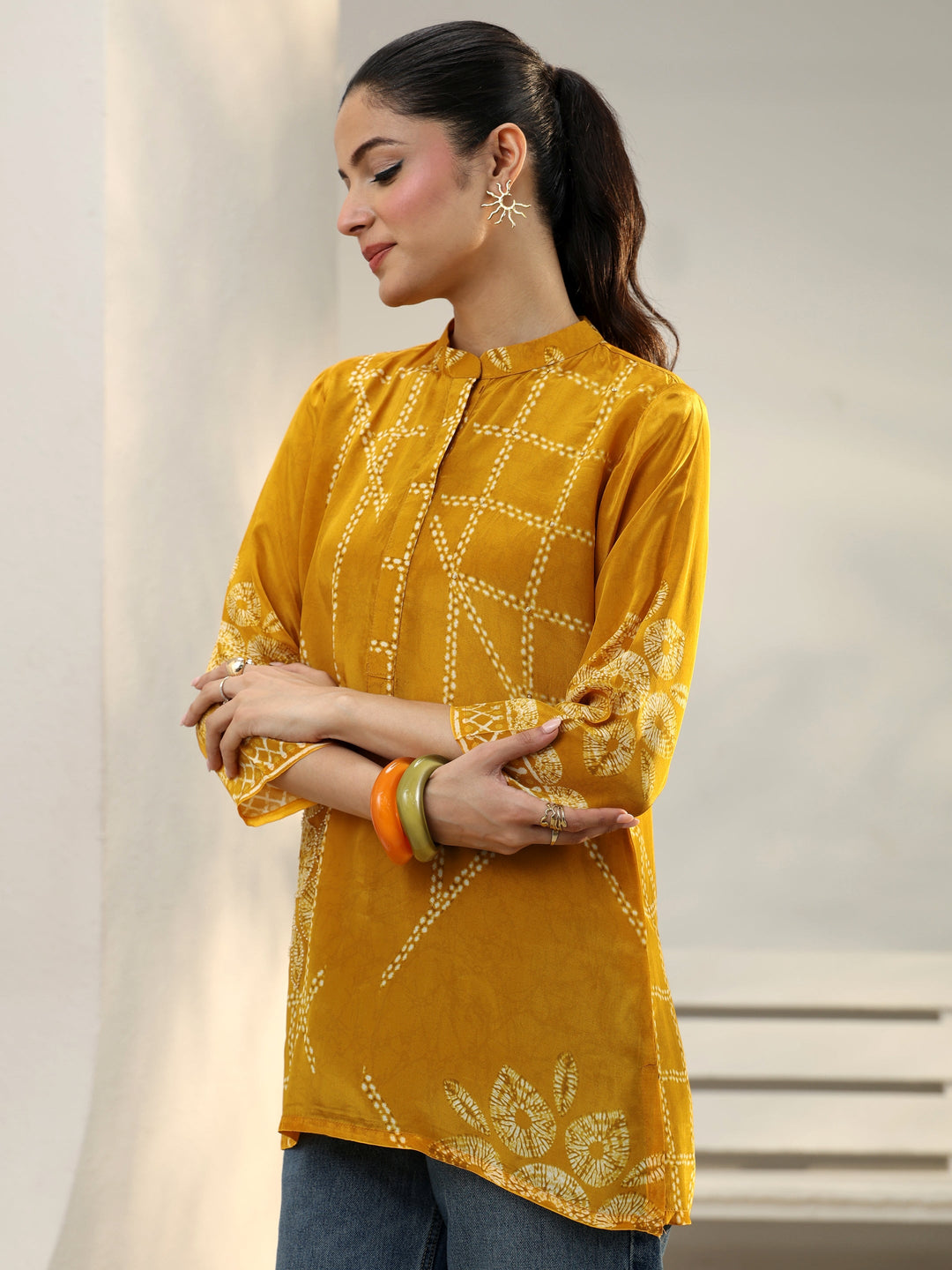  Mustard Floral Printed Crepe Straight Short Kurti 