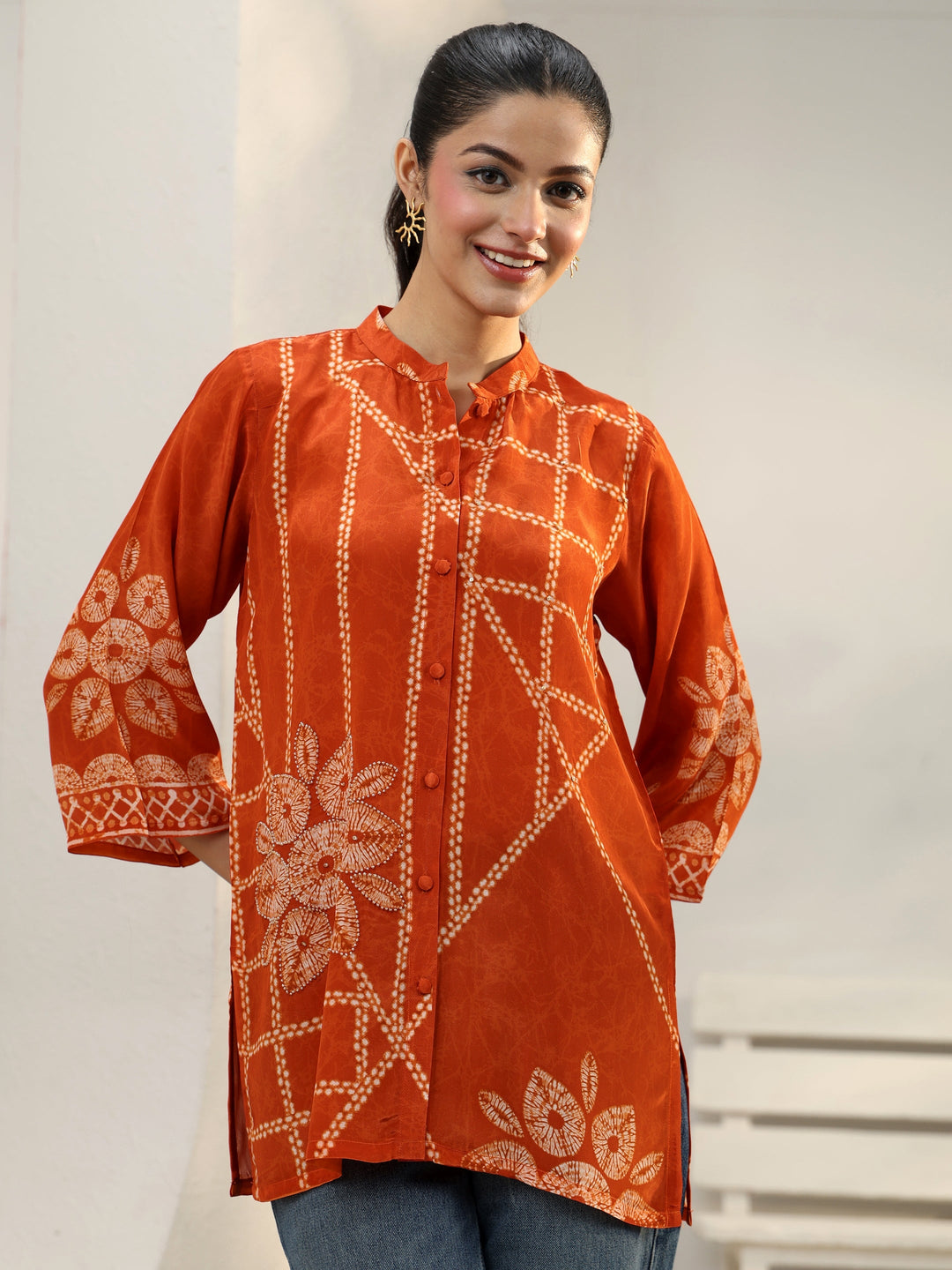  Orange Floral Printed Crepe Shirt 