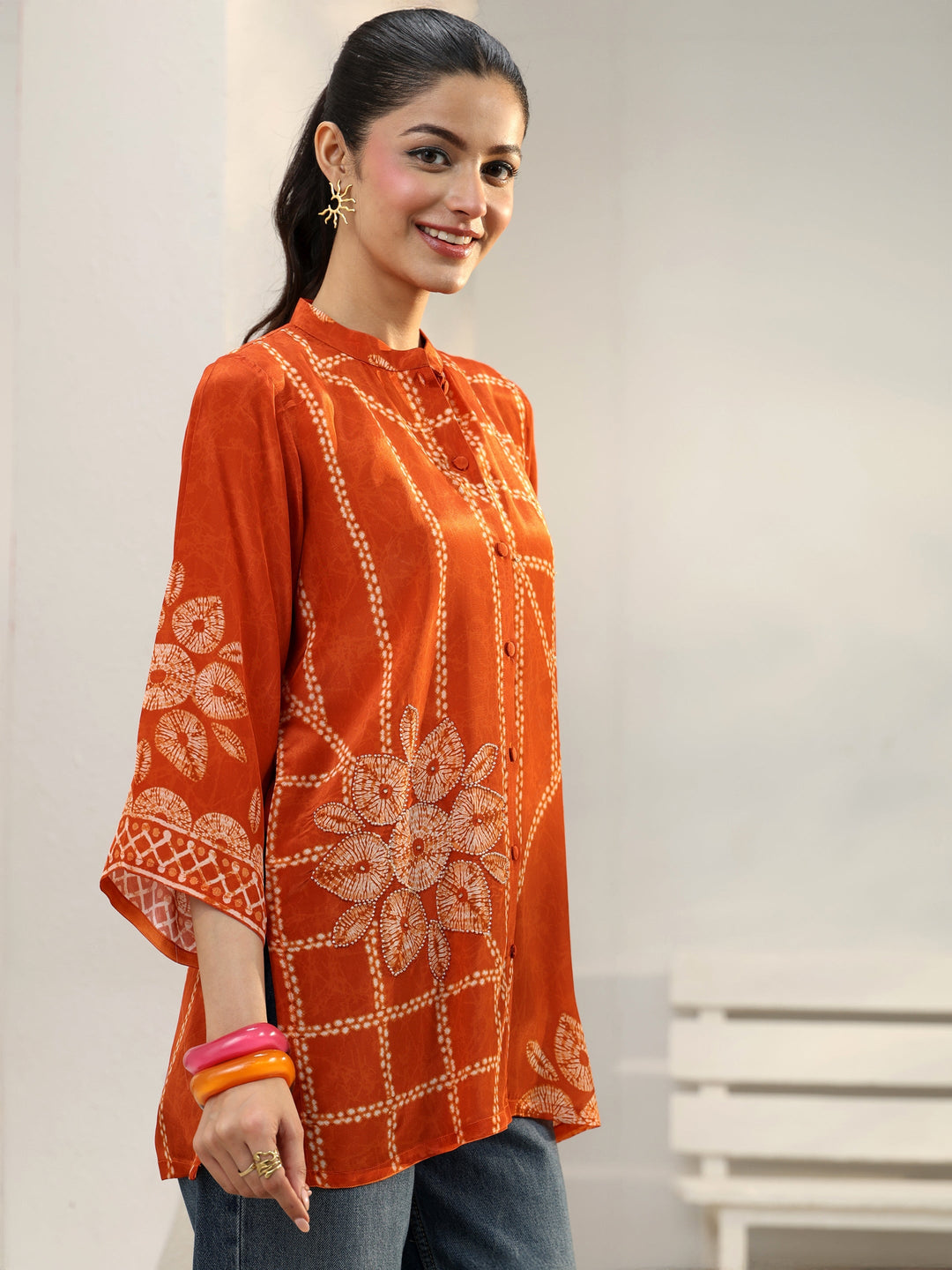  Orange Floral Printed Crepe Shirt 