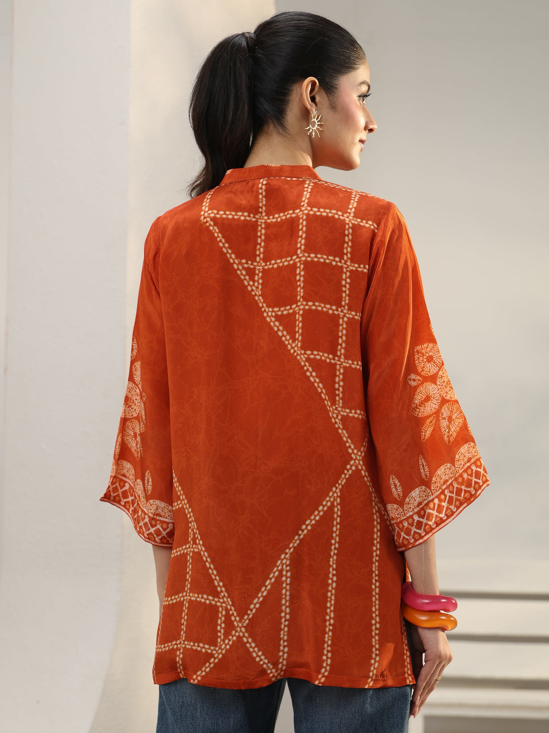  Orange Floral Printed Crepe Shirt 