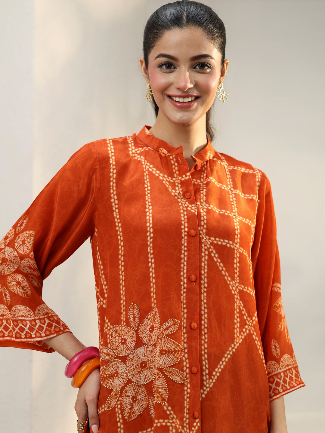  Orange Floral Printed Crepe Shirt 