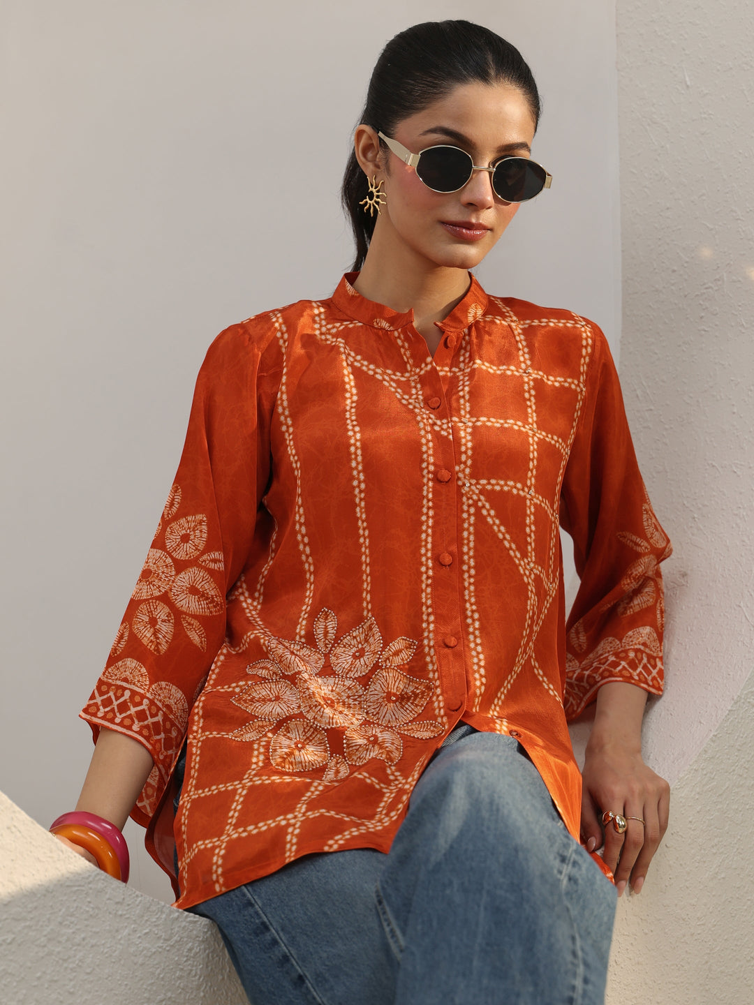  Orange Floral Printed Crepe Shirt 