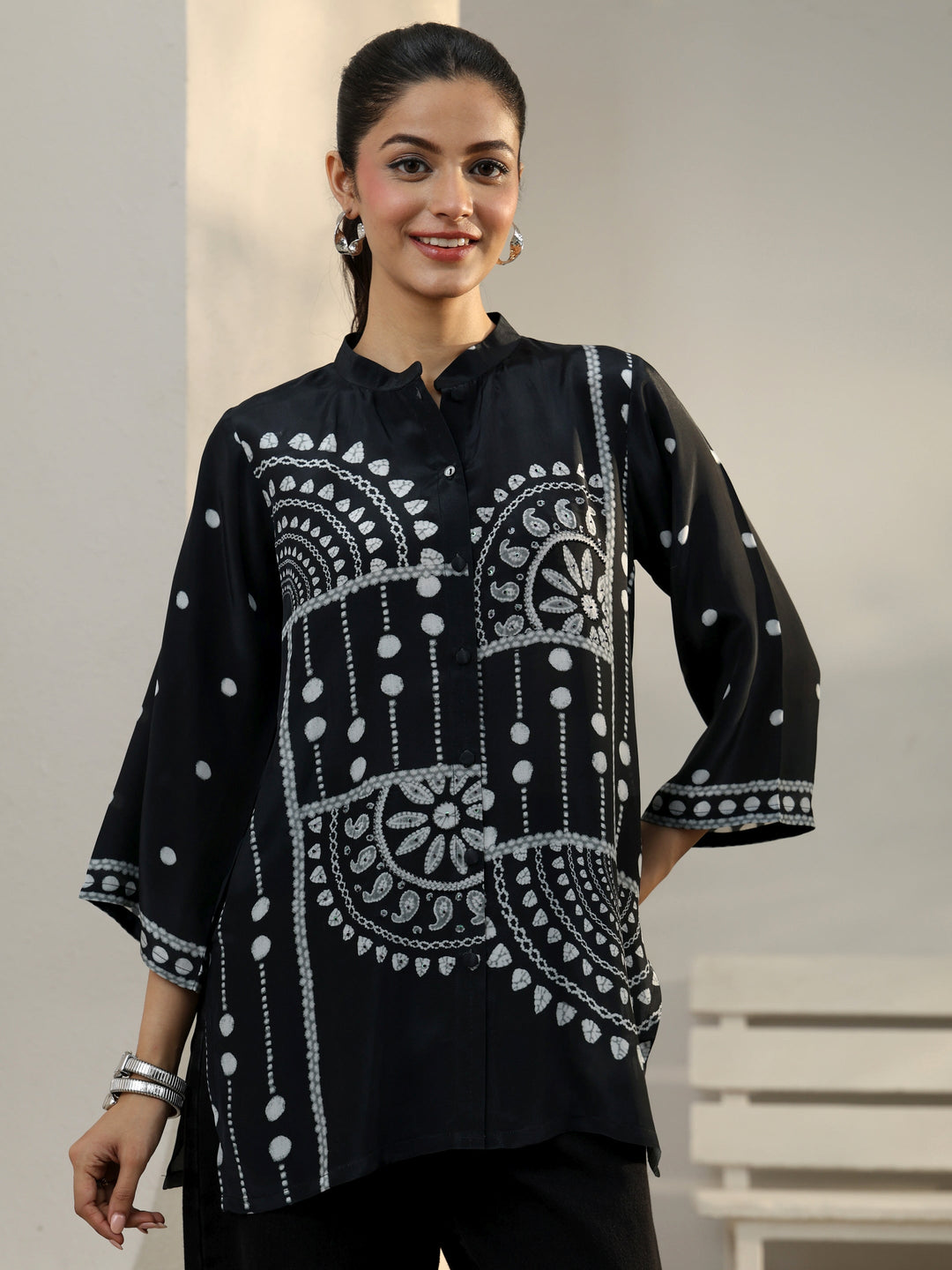  Black Ethnic Printed Crepe Shirt 