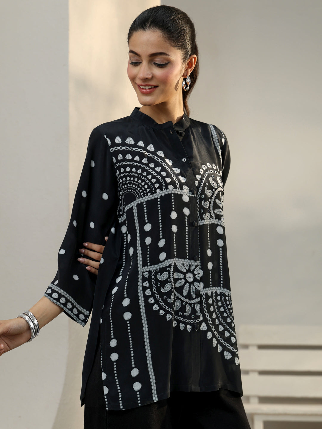  Black Ethnic Printed Crepe Shirt 