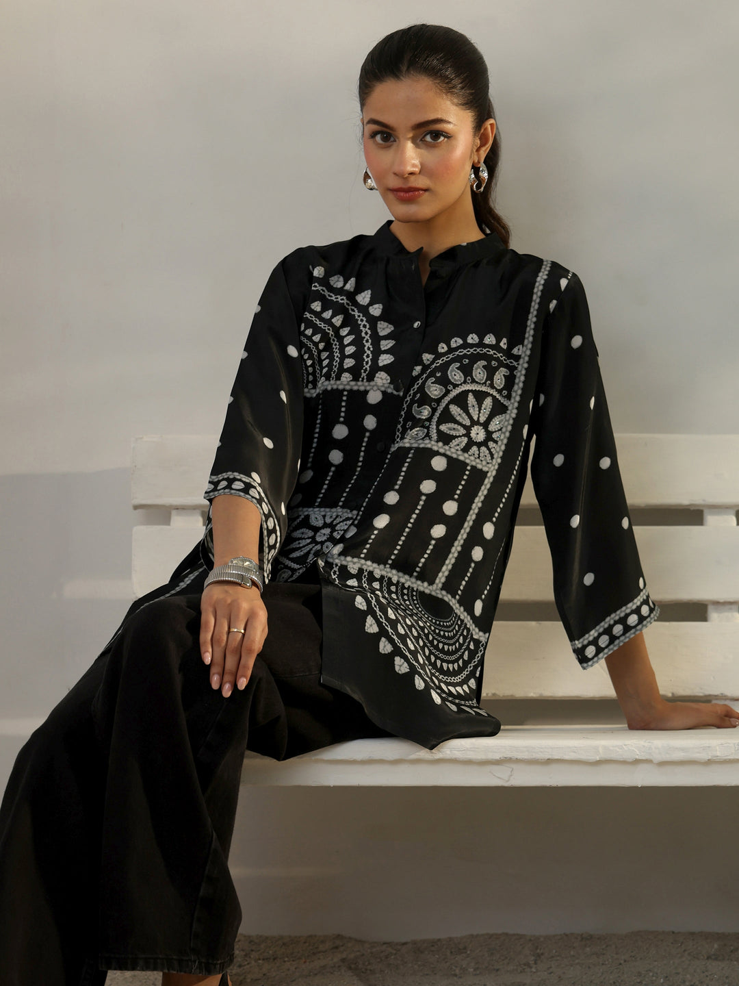  Black Ethnic Printed Crepe Shirt 