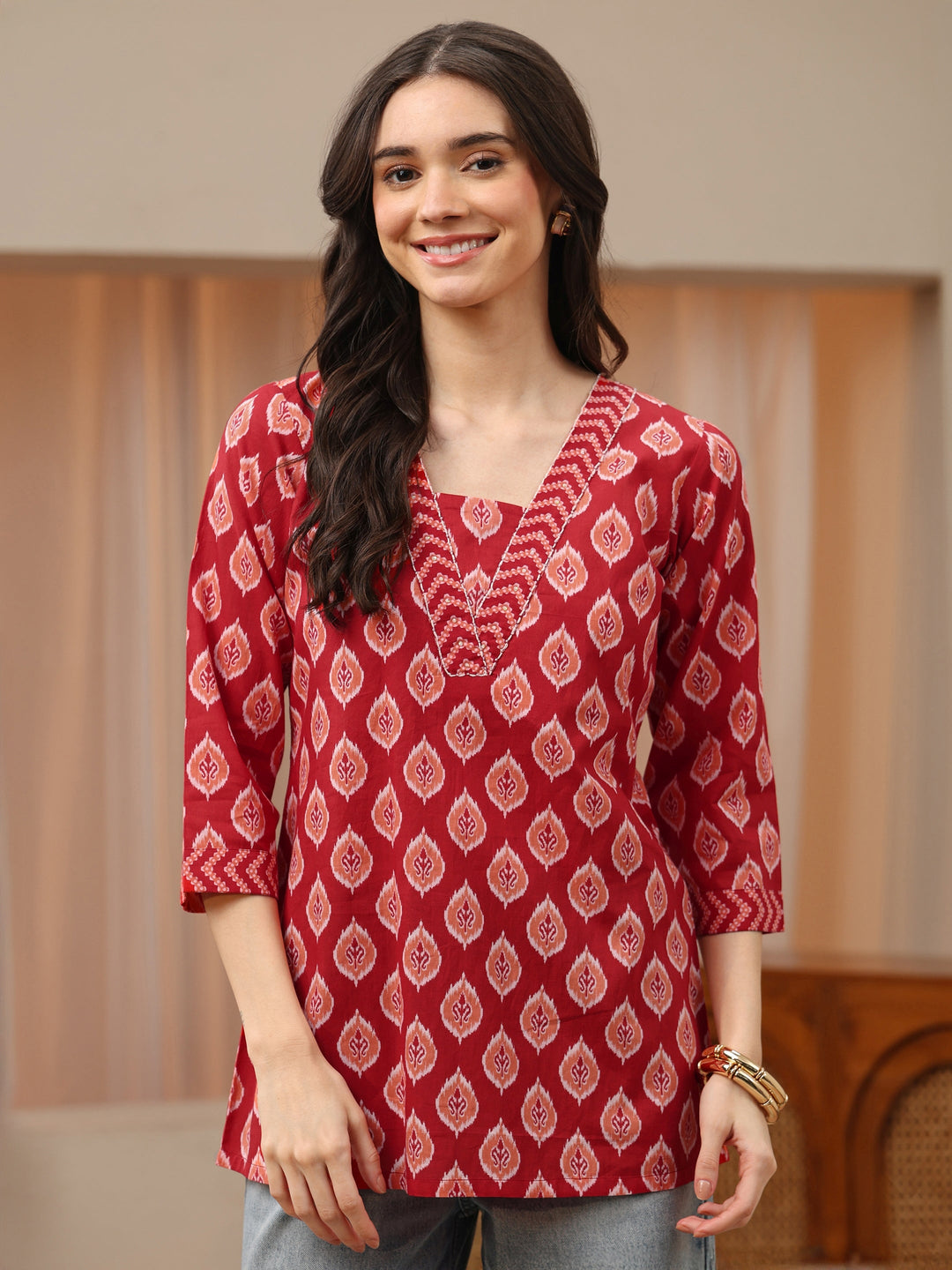  Red Ethnic Print Cotton Short Kurti 