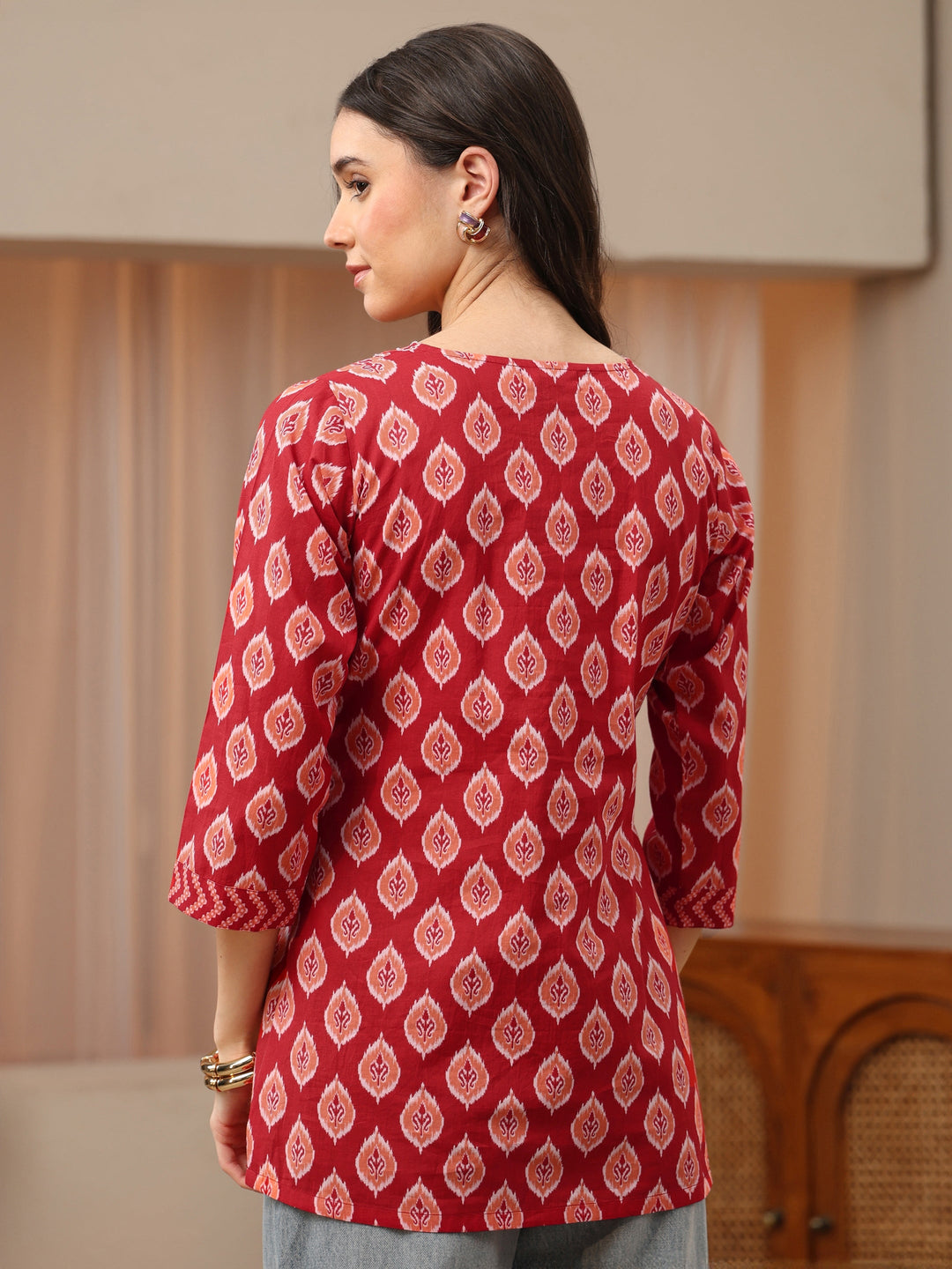  Red Ethnic Print Cotton Short Kurti 
