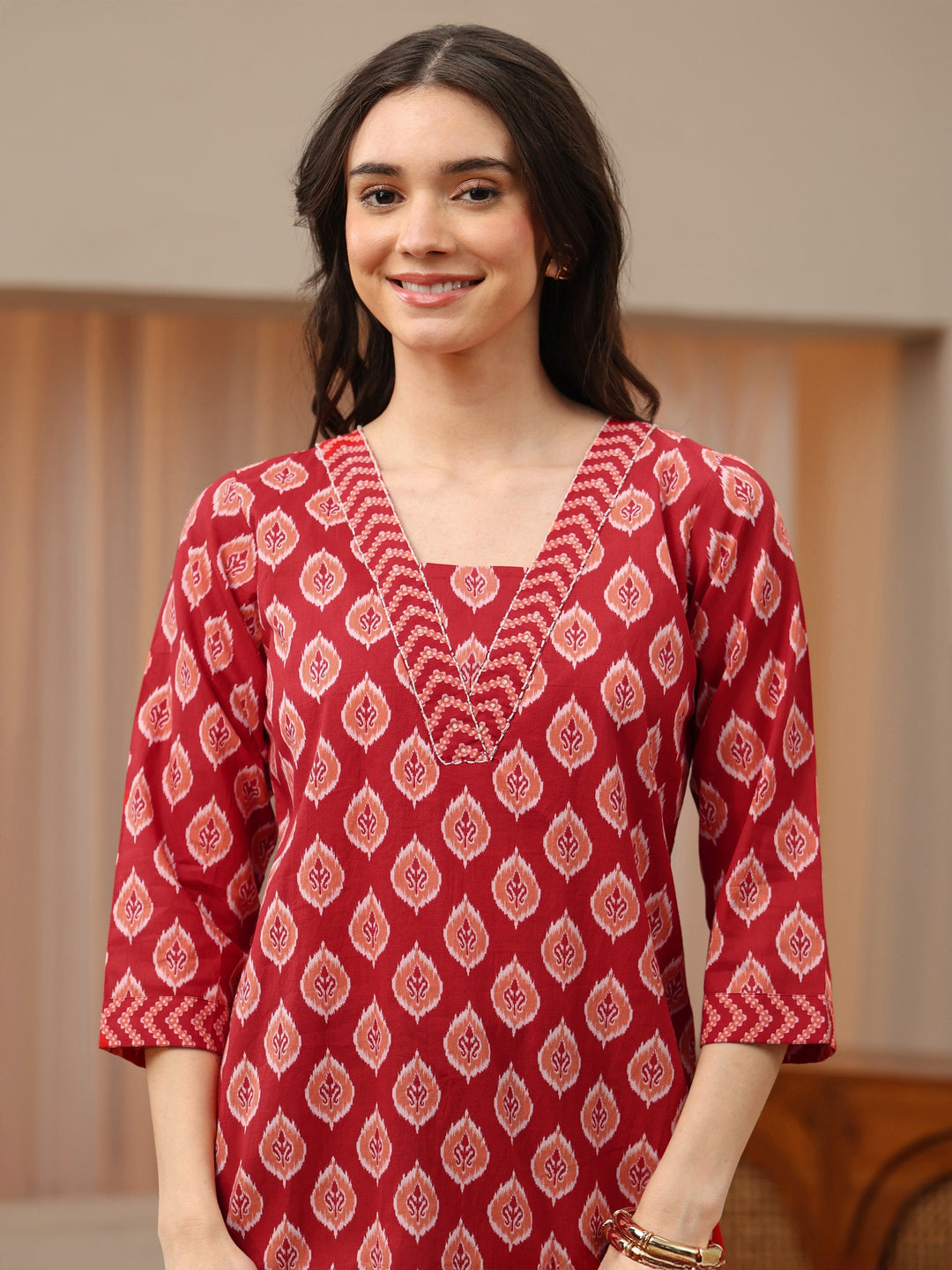  Red Ethnic Print Cotton Short Kurti 