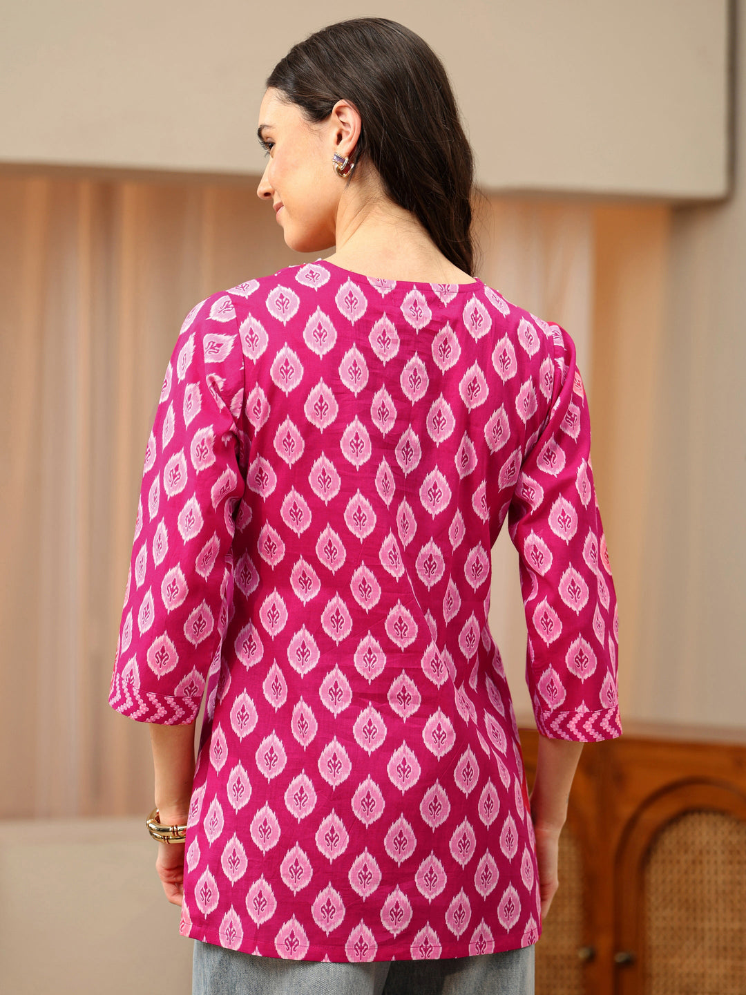  Rose Pink Ethnic Print Cotton Short Kurti 