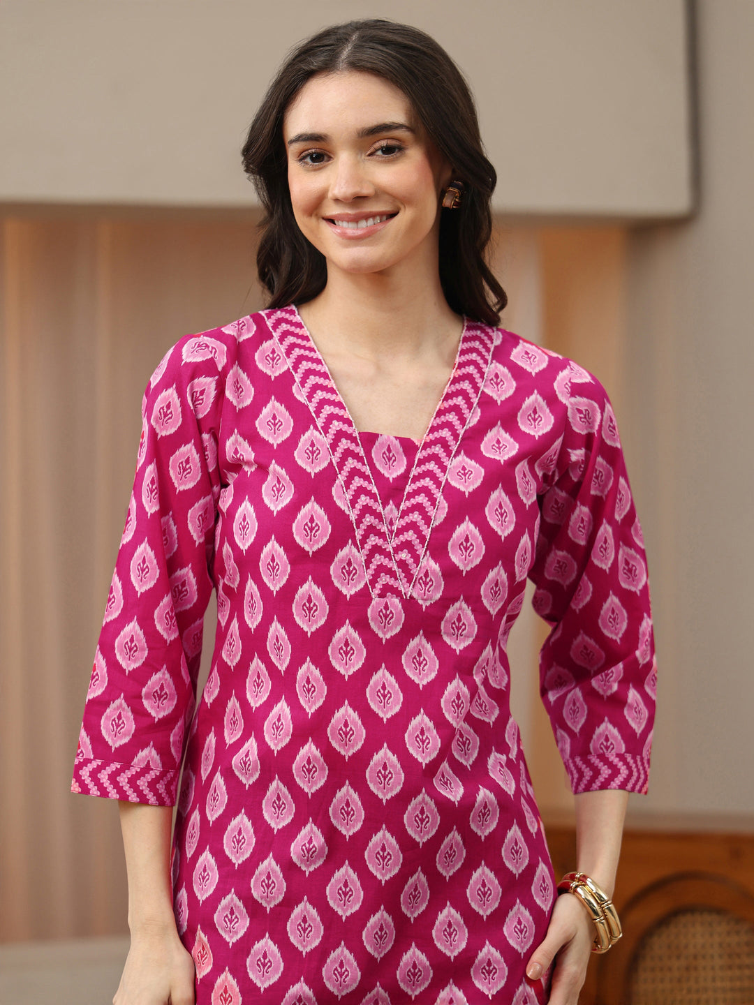  Rose Pink Ethnic Print Cotton Short Kurti 