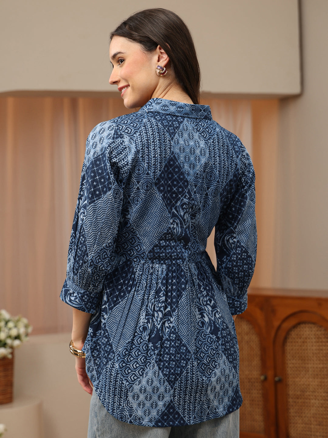  Blue Printed Cotton Shirt Style Empire Top 