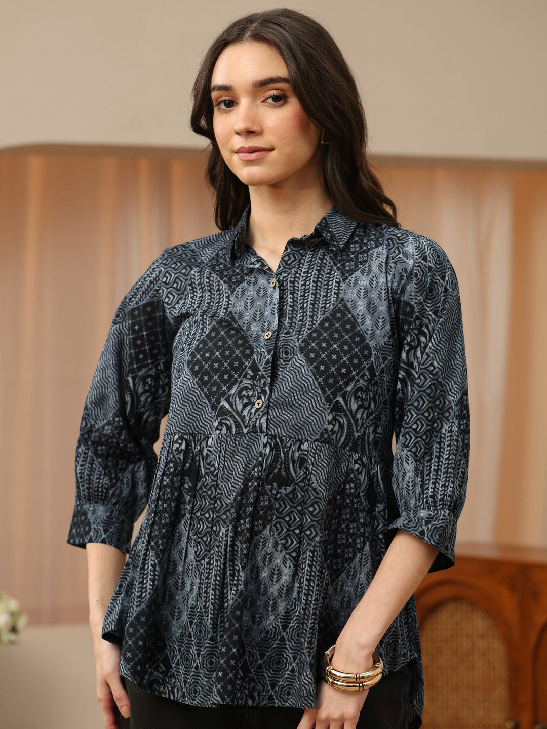  Charoacol Grey Printed Cotton Shirt Style Empire Top 