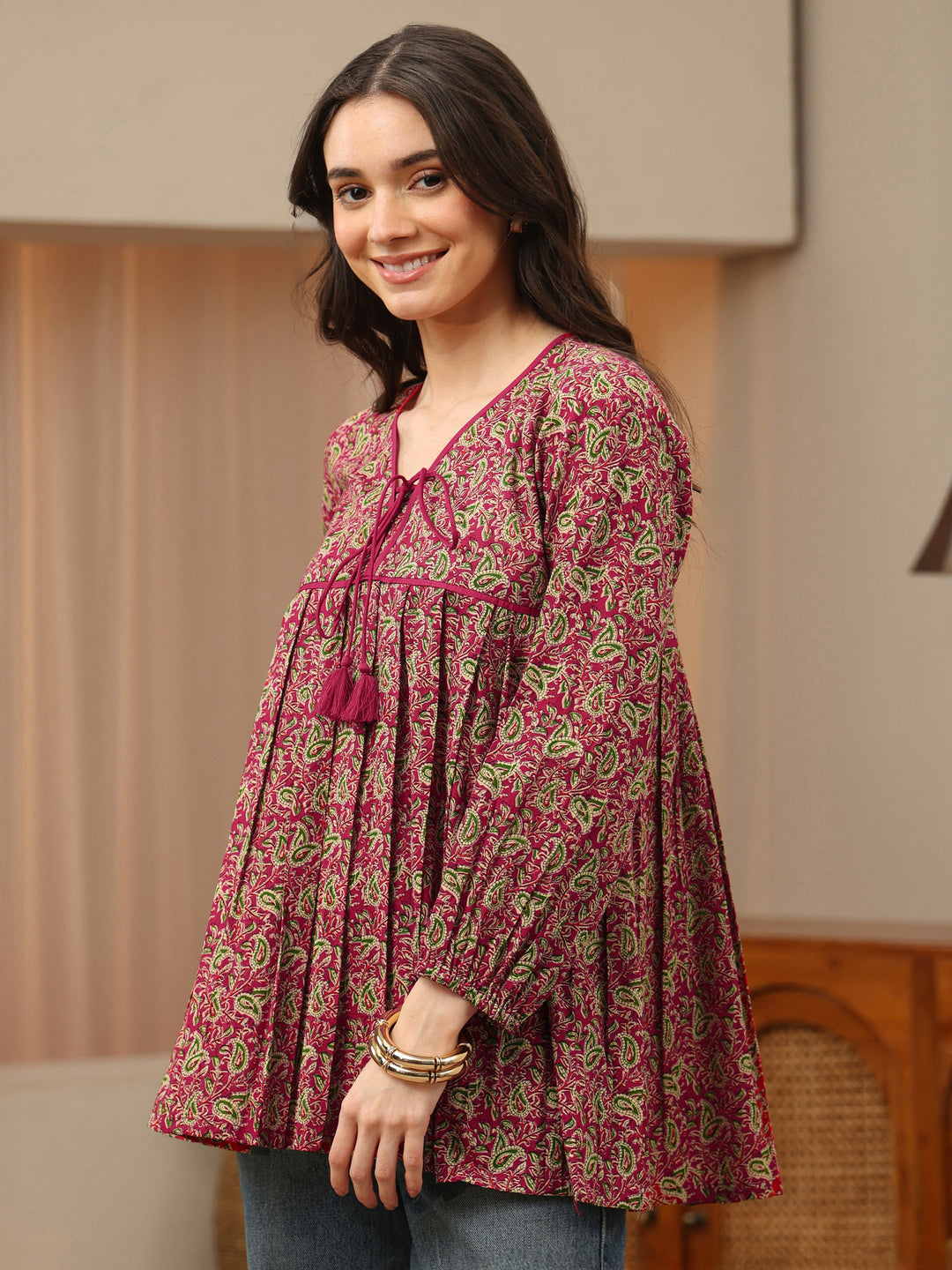  Pink Printed Cotton Empire Top 