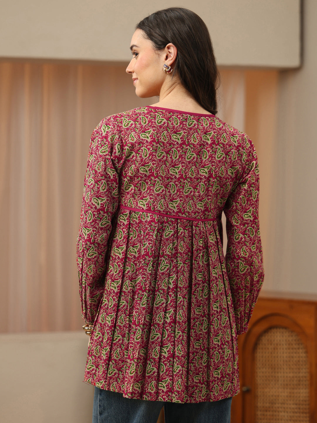  Pink Printed Cotton Empire Top 