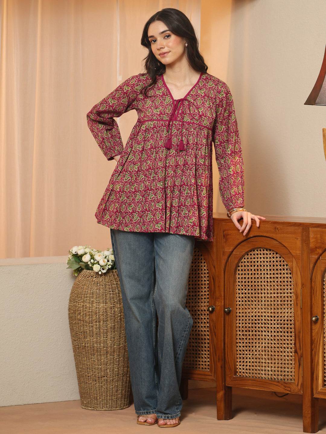  Pink Printed Cotton Empire Top 