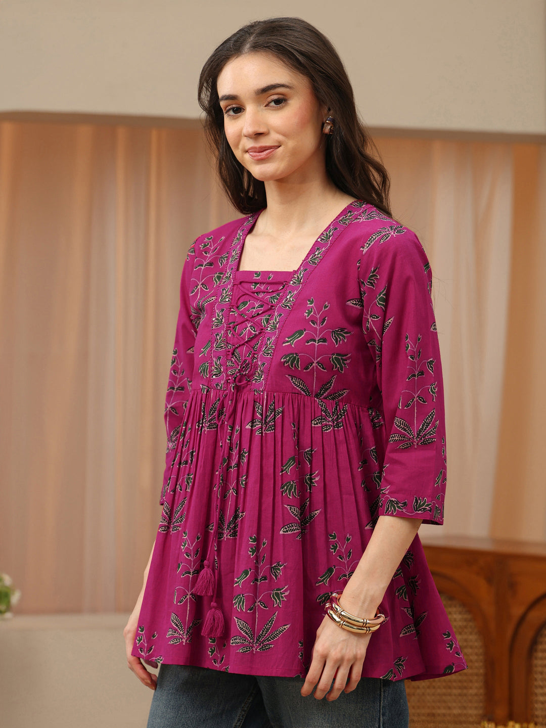  Fuchsia Pink Printed Cotton Peplum Top 