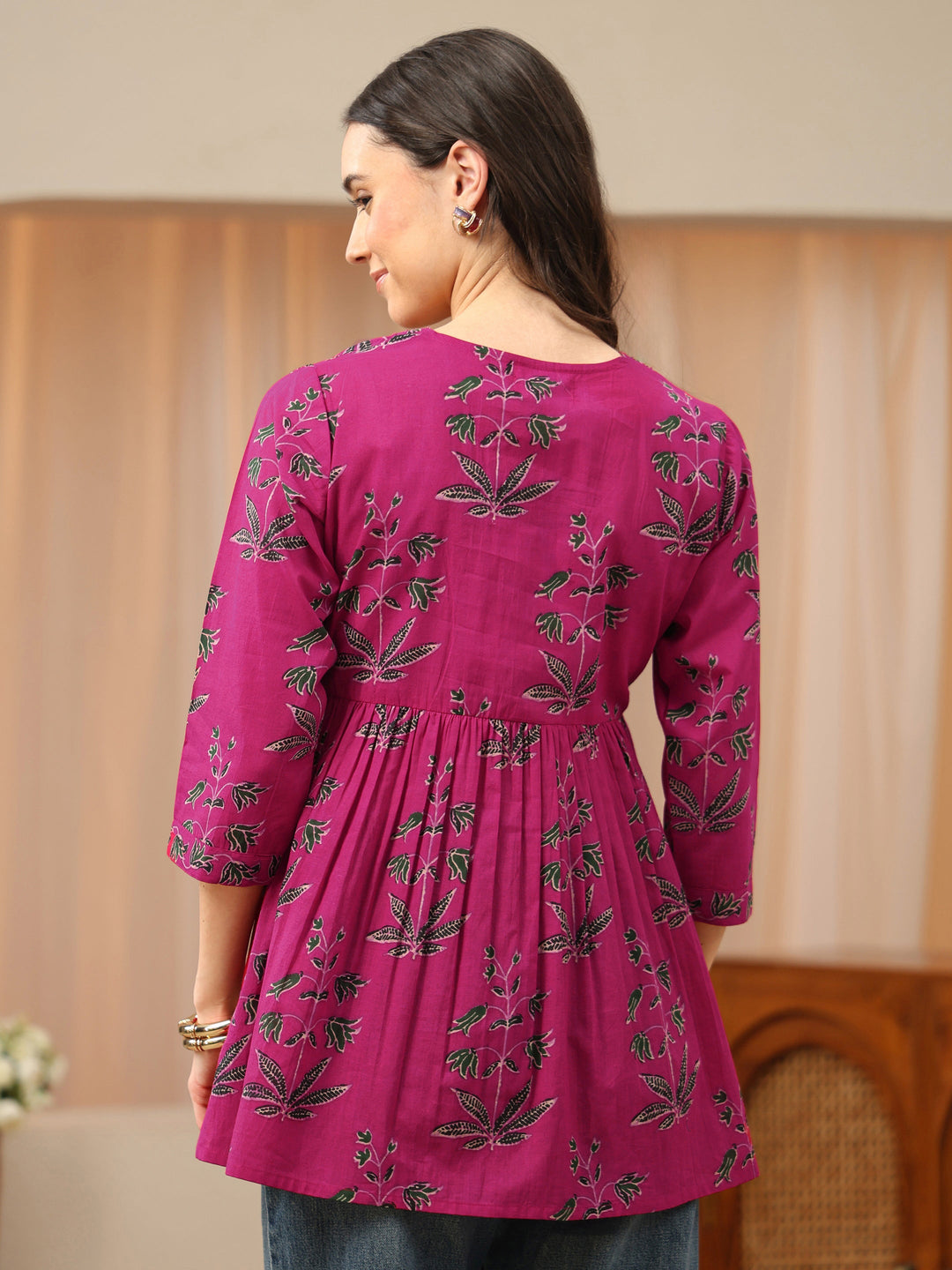  Fuchsia Pink Printed Cotton Peplum Top 