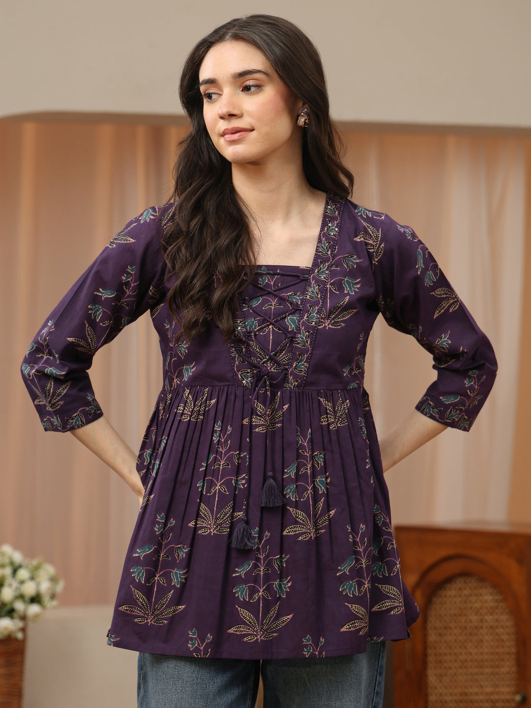 Dark Purple Printed Cotton Peplum Top 