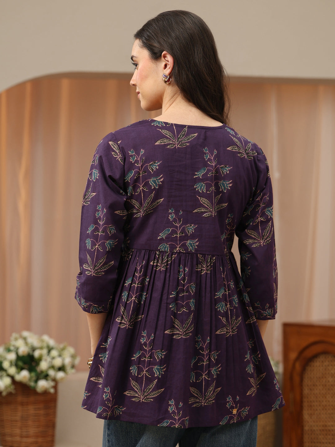  Dark Purple Printed Cotton Peplum Top 