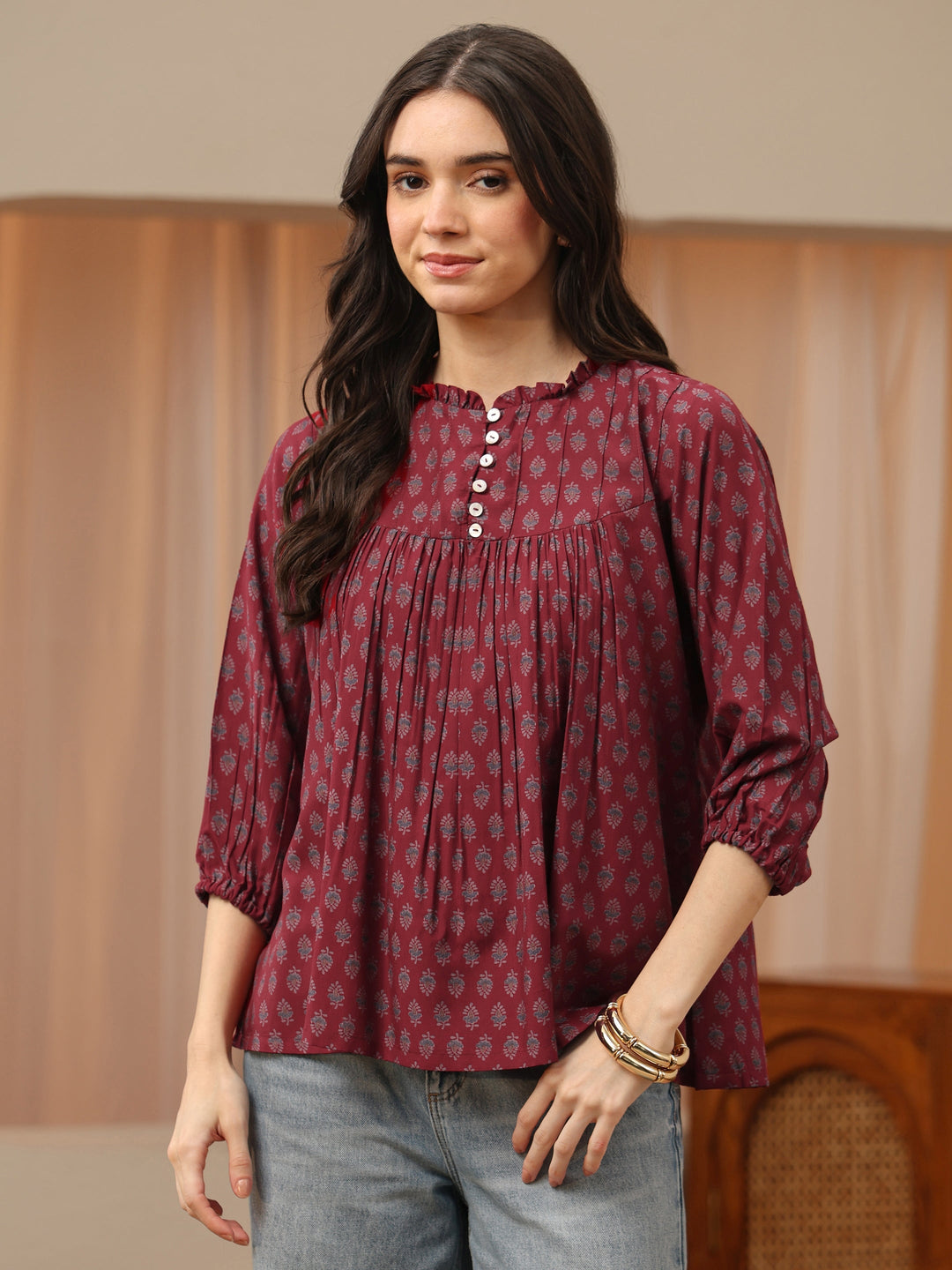  Maroon Floral Printed Silk Blend Top 