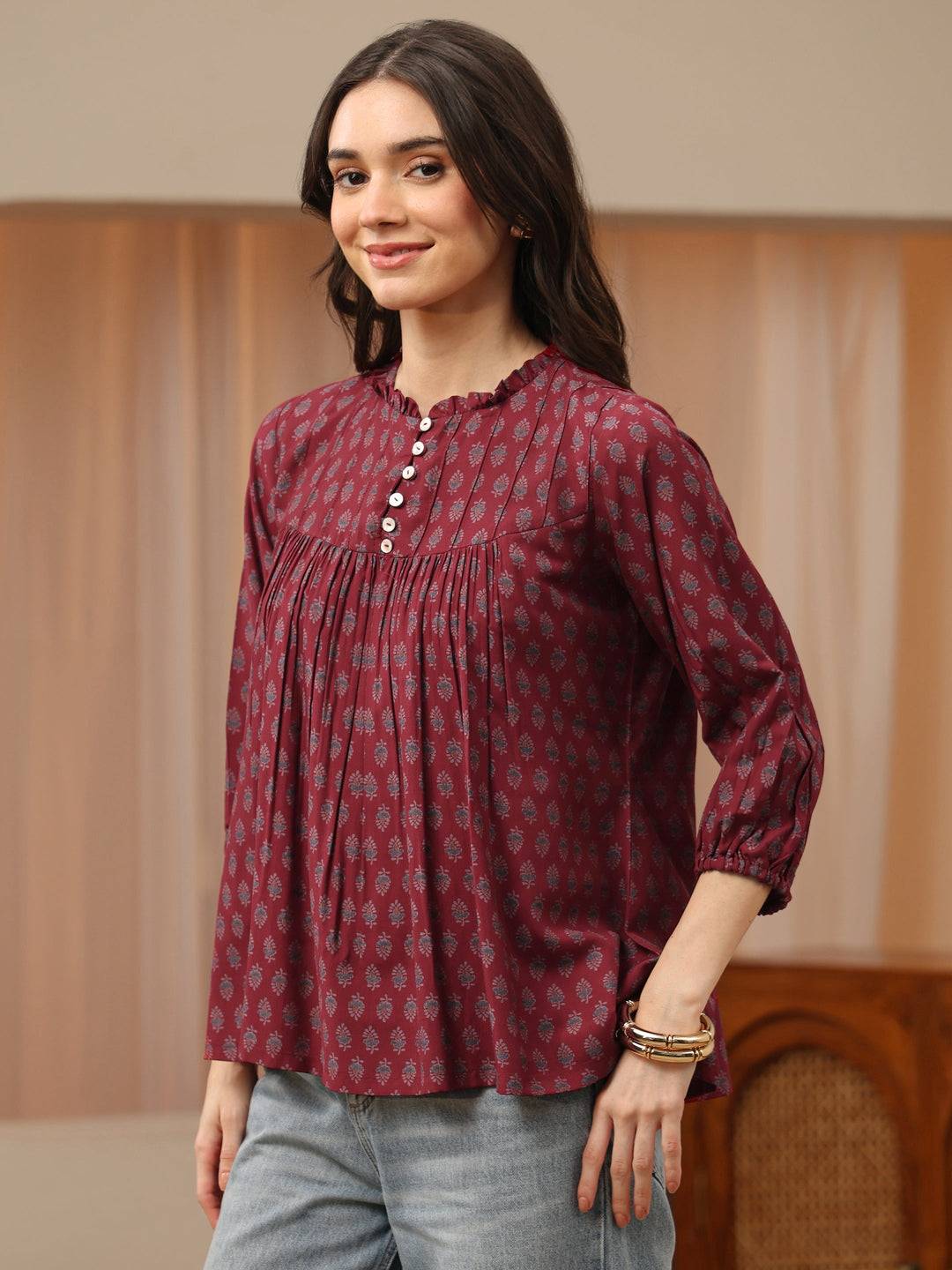 Maroon Floral Printed Silk Blend Top 