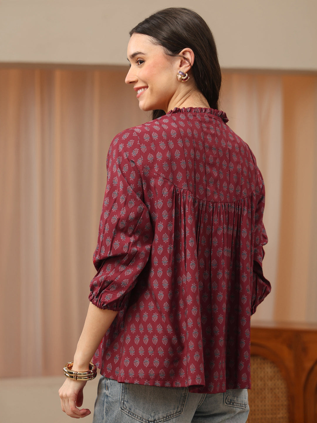  Maroon Floral Printed Silk Blend Top 