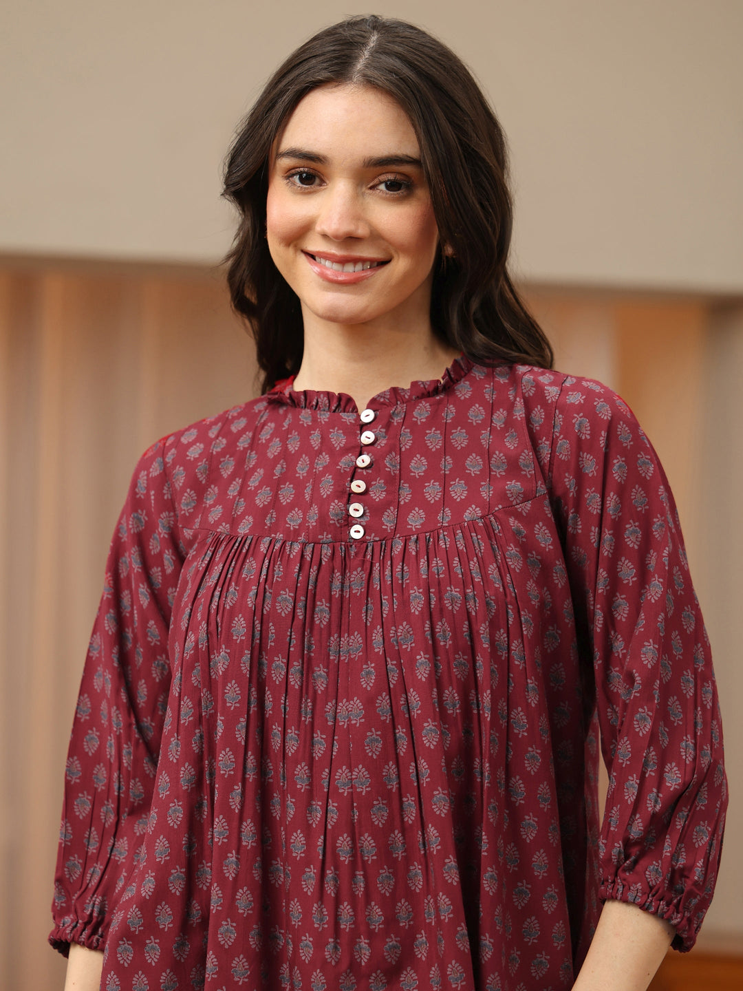  Maroon Floral Printed Silk Blend Top 
