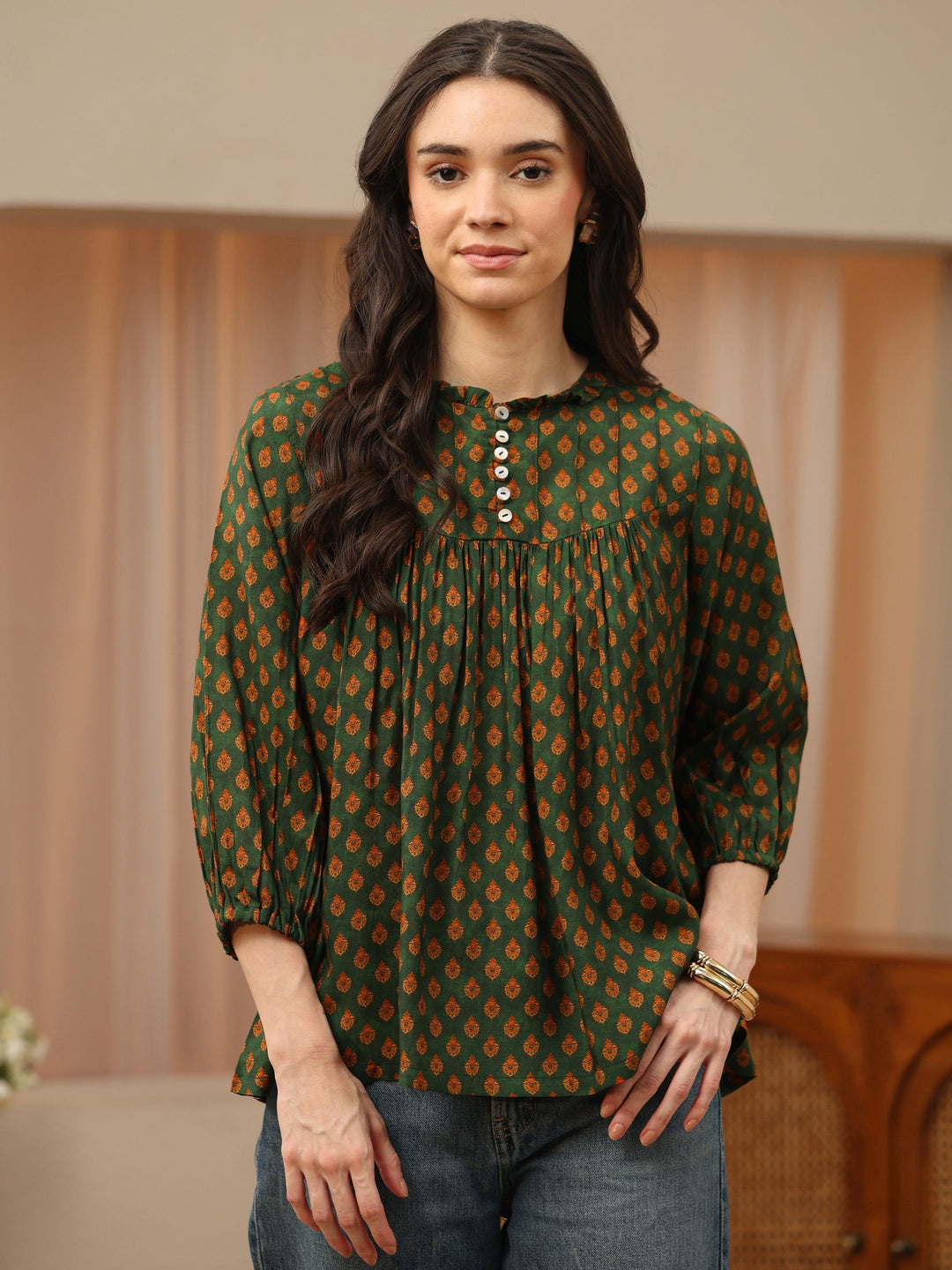  Olive Green Floral Printed Silk Blend Top 