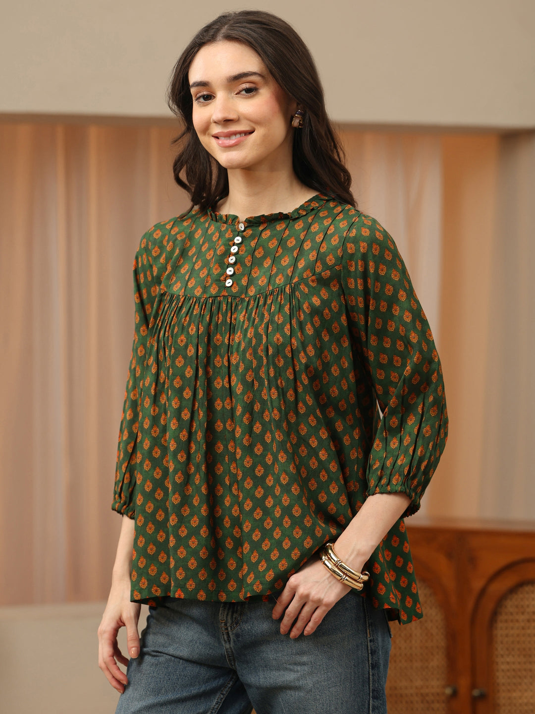  Olive Green Floral Printed Silk Blend Top 