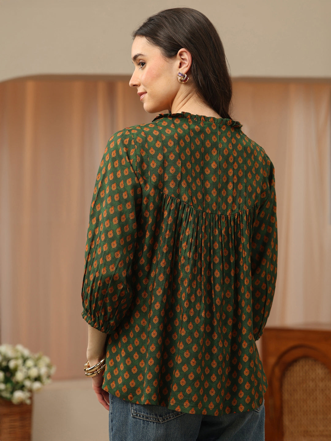  Olive Green Floral Printed Silk Blend Top 