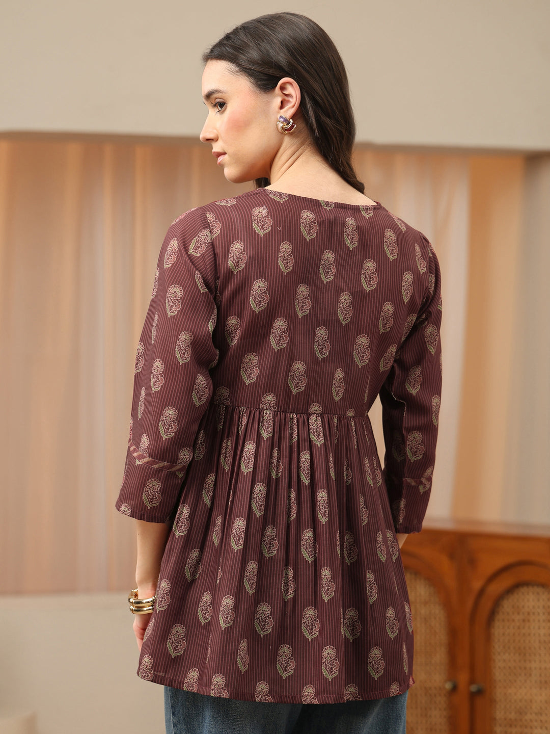  Rust Floral Printed Cotton Empire Top 