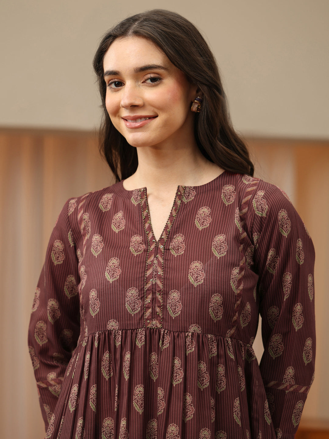  Rust Floral Printed Cotton Empire Top 