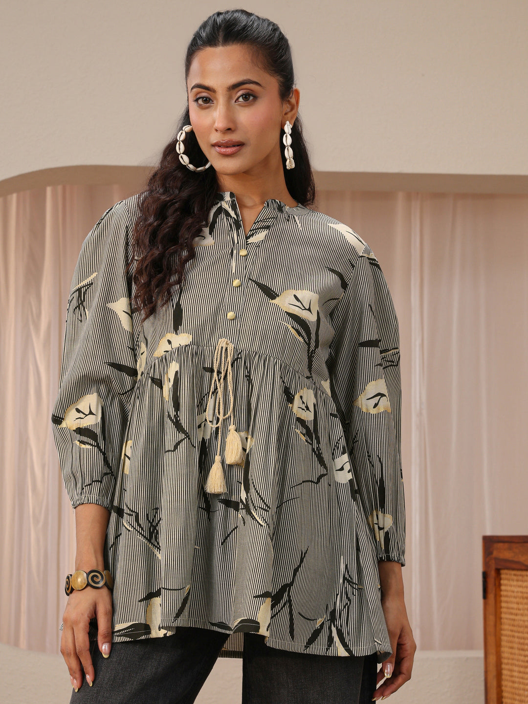  Grey Floral Printed Silk blend Empire Top 