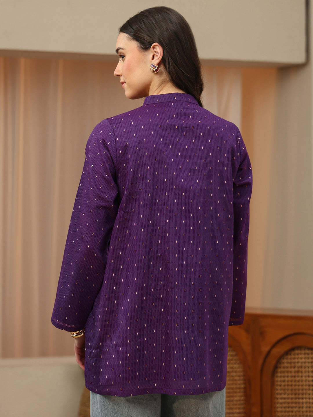  Royal Purple Woven Design Silk Blend Straight Short Kurti 