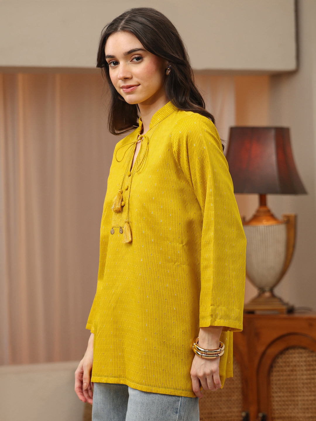  Yellow Woven Design Silk Blend Straight Short Kurti 