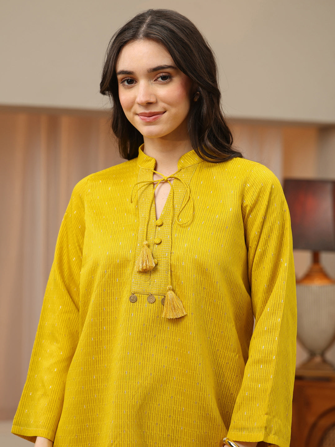  Yellow Woven Design Silk Blend Straight Short Kurti 