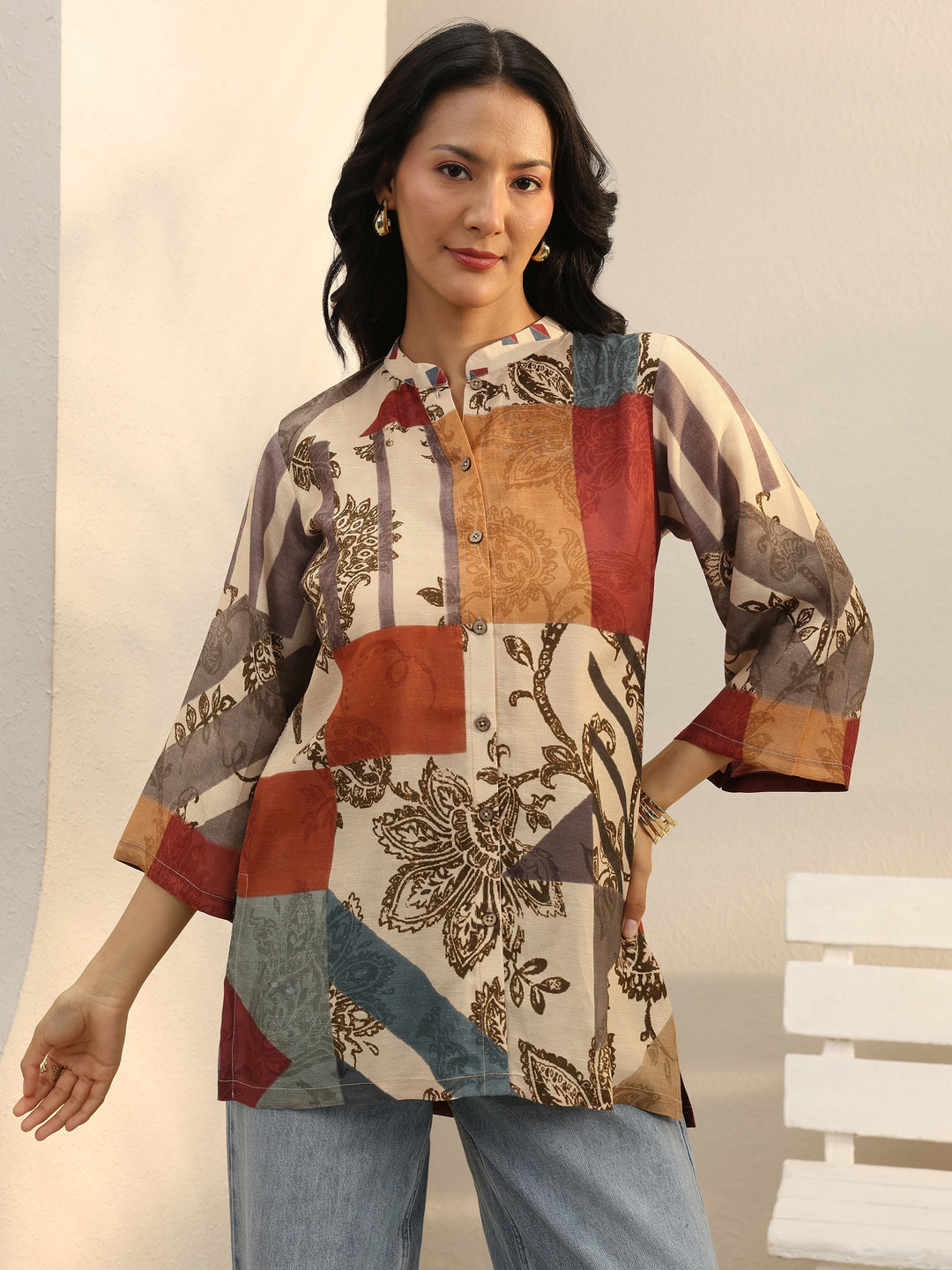  Multi Colour Floral Printed Linen Shirt 