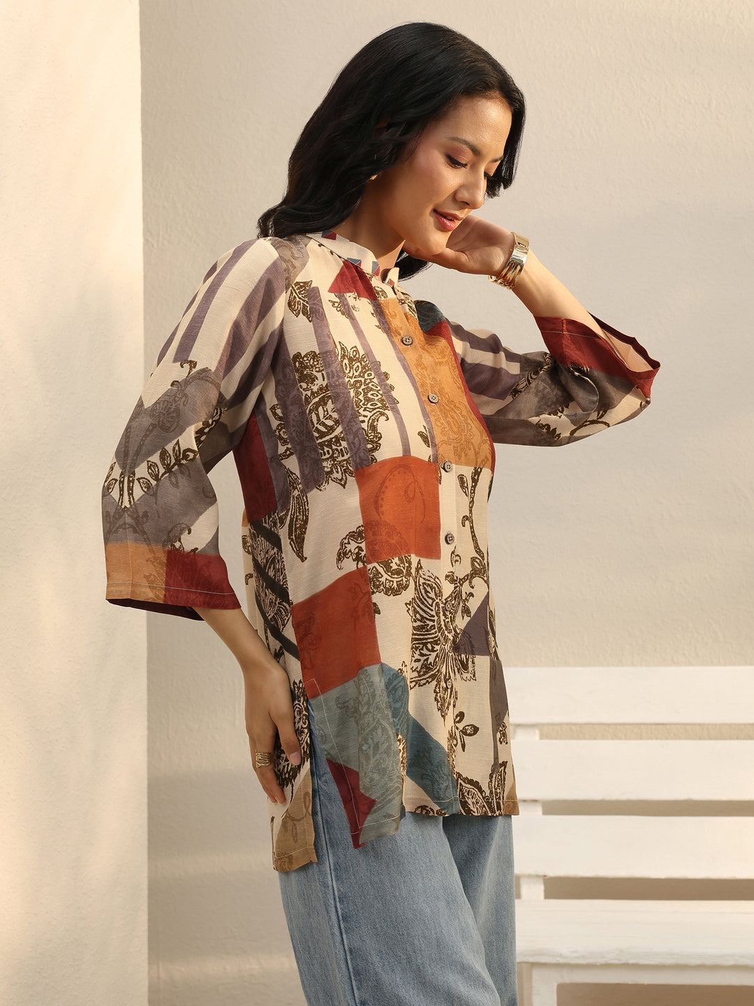  Multi Colour Floral Printed Linen Shirt 