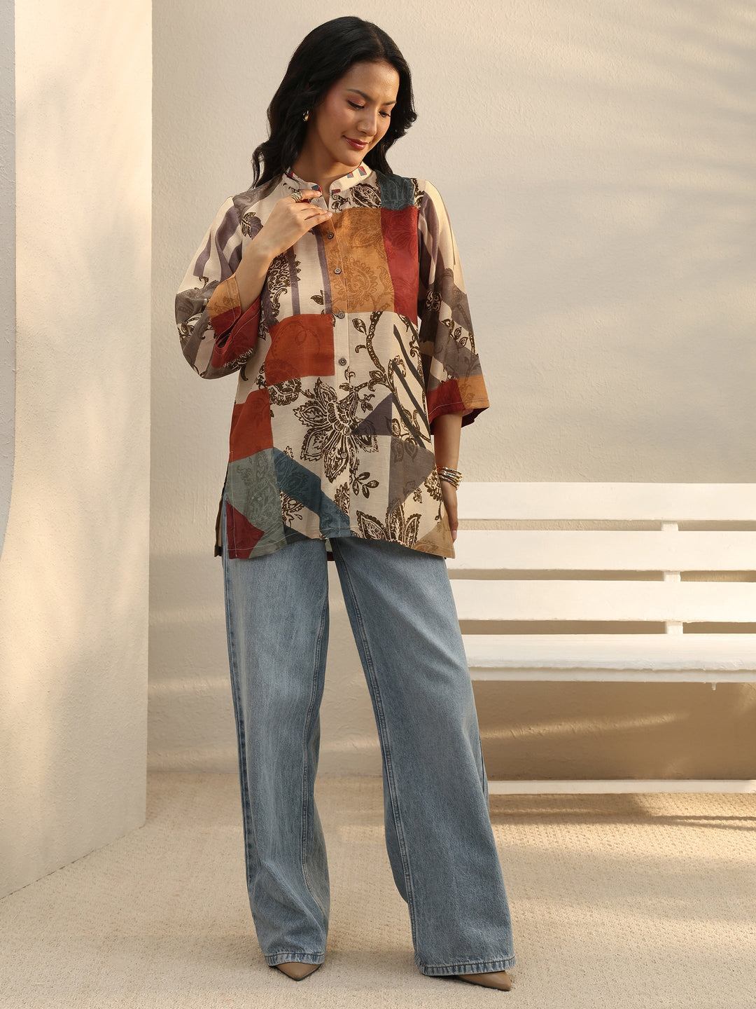  Multi Colour Floral Printed Linen Shirt 