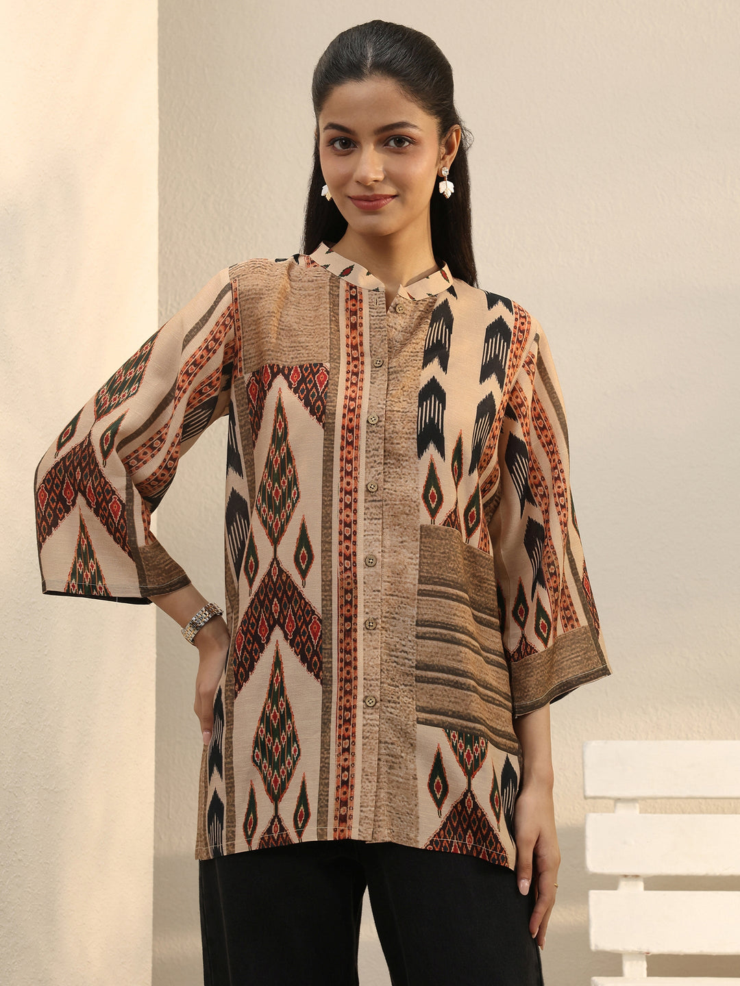  Multi Colour Ethnic Printed Linen Shirt 