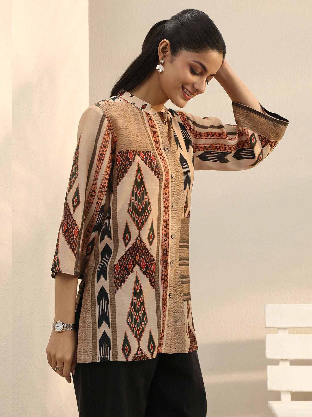  Multi Colour Ethnic Printed Linen Shirt 