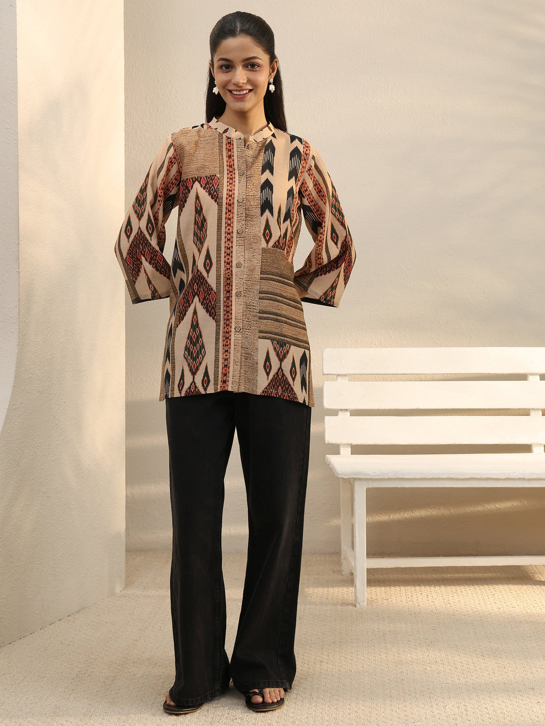  Multi Colour Ethnic Printed Linen Shirt 